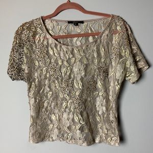 Floral Gold Sparkle Lace Sheer Top S / M